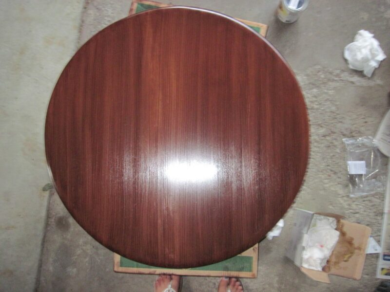 The finished product: a gorgeous shade of reddish brown with two coats of semi-gloss polyurethane The finished product: a gorgeous shade of reddish brown with two coats of semi-gloss polyurethane