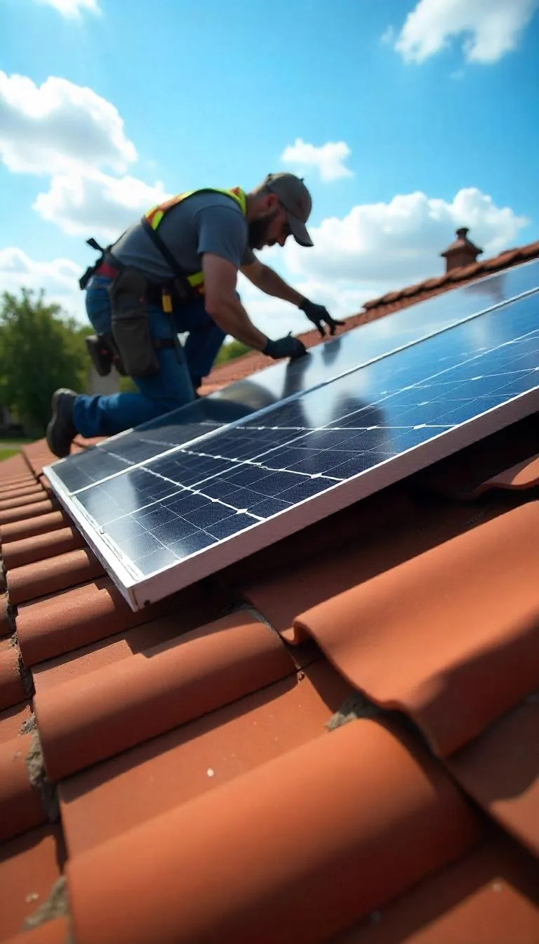 Close-up of a sturdy roof with tiles and solar panels being installed under clear sunny skies, highlighting roof inspection and preparation.