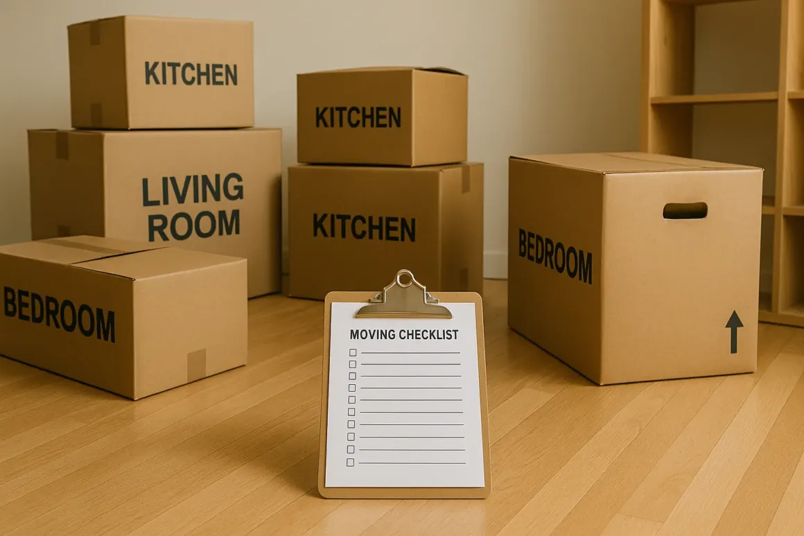 Neatly labeled moving boxes in a staging area with a clipboard checklist for a long-distance move